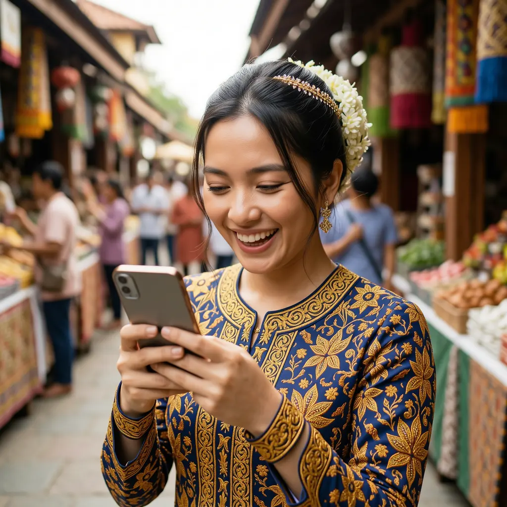 SPIN321 App – A joyful mobile casino experience designed for players in Malaysia Happy Malaysian woman in traditional attire enjoying the SPIN321 casino app on her smartphone with vibrant cultural visuals behind her