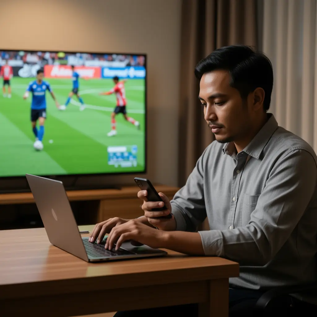 SPIN321 Bet – Advanced tools for smart sports betting in Malaysia Focused Malaysian sports bettor analyzing live match statistics on a laptop while tracking football action on TV using the SPIN321 platform
