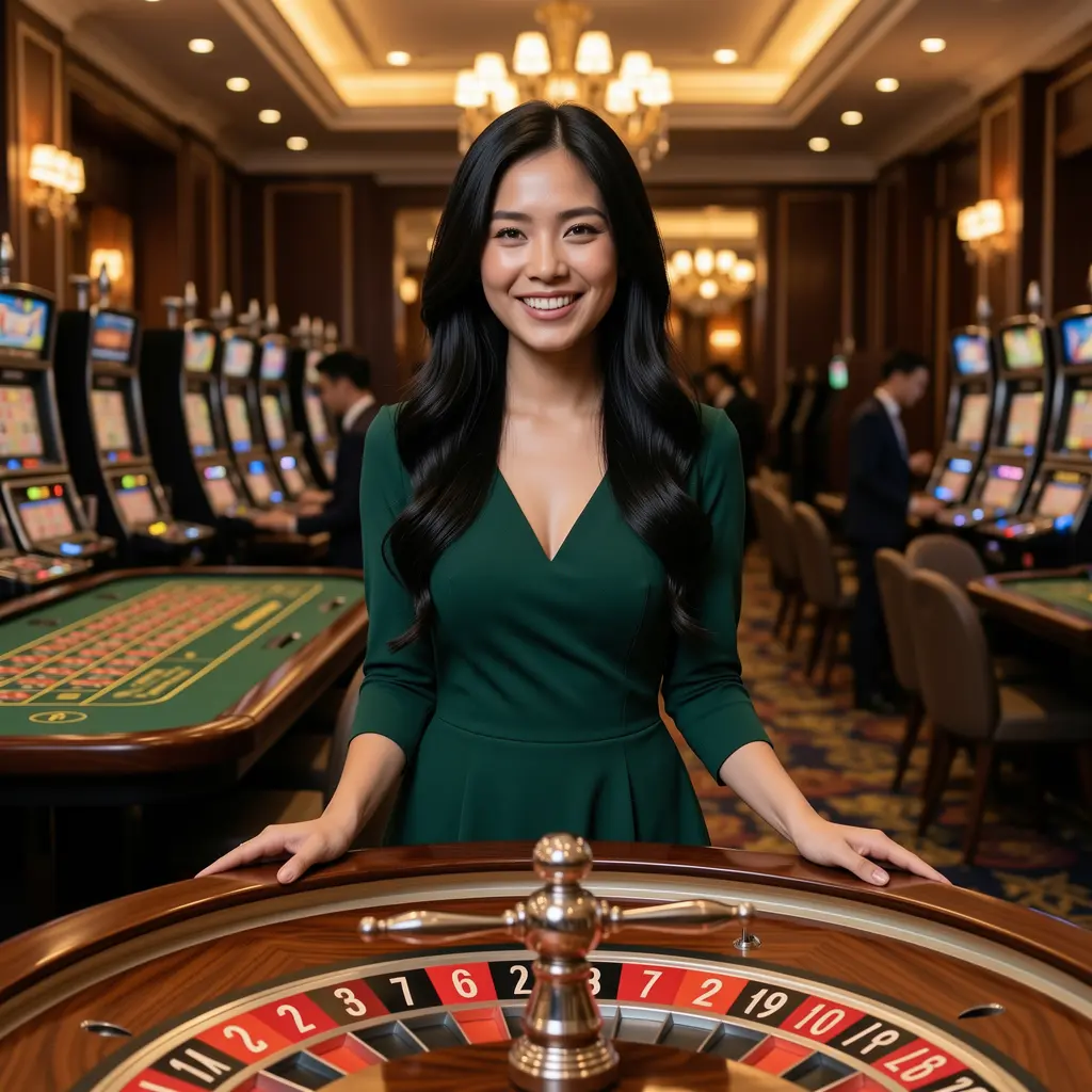 SPIN321 – Experience immersive live casino games for players in Malaysia Elegant live casino dealer with a friendly smile at a modern roulette table showcasing the immersive live gaming atmosphere of SPIN321 for Malaysian players